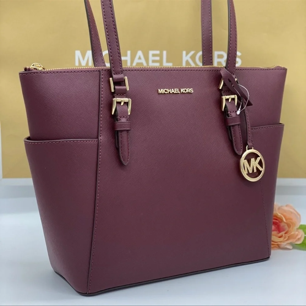 MICHAEL KORS Charlotte Large Leather Top-Zip Tote Dark Cherry NWT